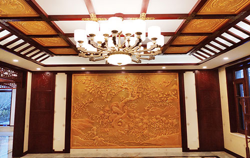 汇川中式别墅客厅中式木作横梁吊顶装饰展示